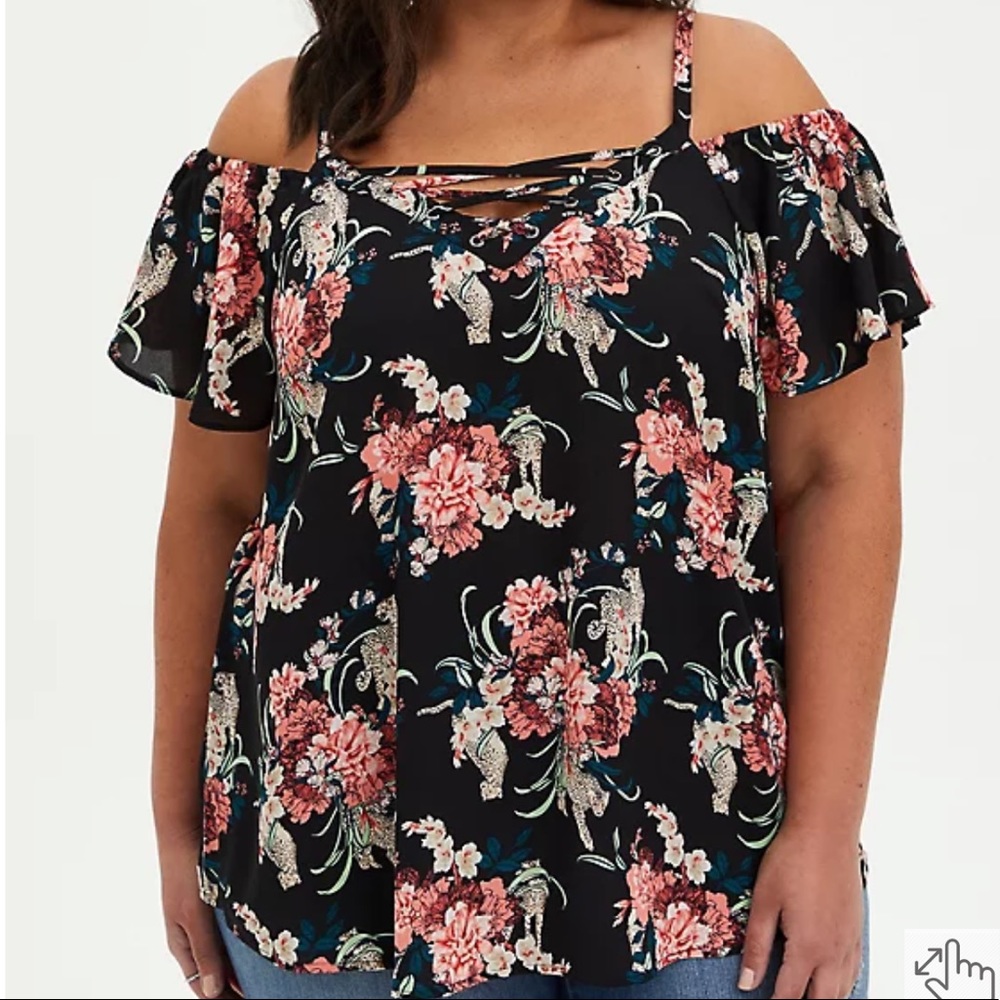 Torrid Lace-Up Cold Shoulder Blouse - Georgette Floral Black NWT size 4